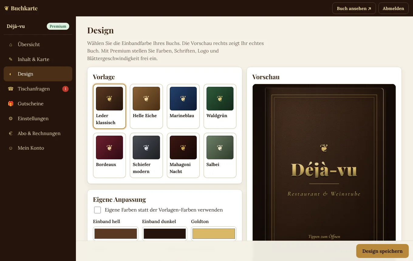 Design-Seite mit Vorlagen und Live-Vorschau